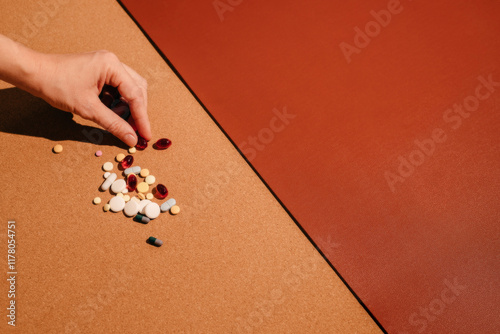Woman's hand touching colorful pills over brown table.