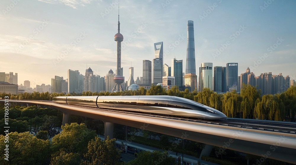 Naklejka premium Maglev train speeding through modern city at sunrise.
