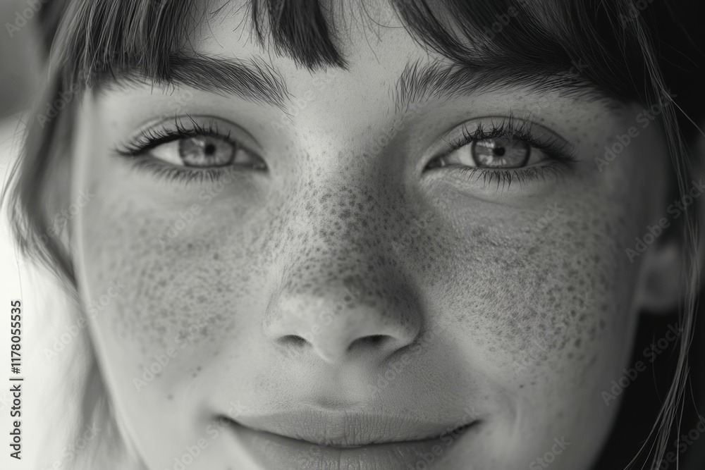 Fototapeta premium psychological black and white close-up portrait of young freckled woman