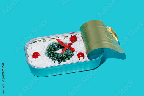 fake snow and christmas wreath in a tin can