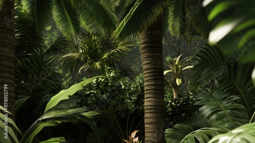 A giraffe stands tall in the midst of a dense jungle