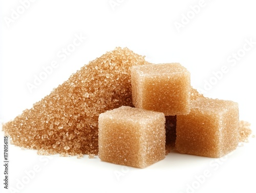 Brown sugar cubes stacked on a pile of granulated brown sugar
