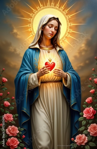 Religious illustration of Virgin Mary. Holy figure holds glowing heart. Beautiful depiction of faith, devotion. Rose bushes surround figure. Spiritual, artistic representation of religious icon.