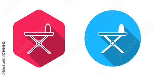 Filled and outline Electric iron and ironing board icon isolated with long shadow background. Steam iron. Vector