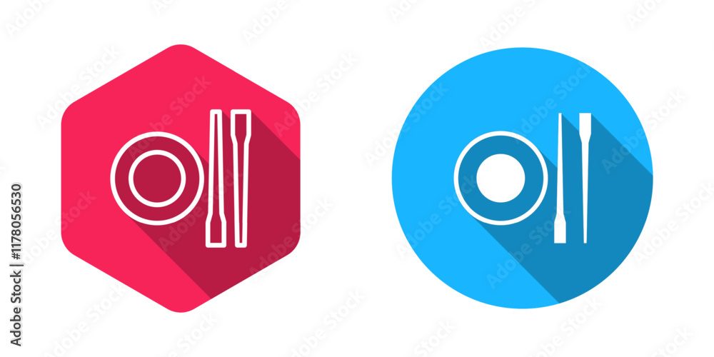 Filled and outline Food chopsticks with plate icon isolated with long shadow background. Wooden Korean sticks for Asian dishes. Oriental utensils. Vector Filled and outline Food chopsticks with plate icon isolated with long shadow background. Wooden Korean sticks for Asian dishes. Oriental utensils. Vector