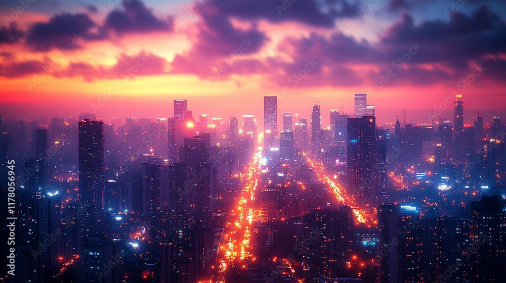 Fototapeta premium City Skyline at Sunset Glowing Lights and Colorful Clouds