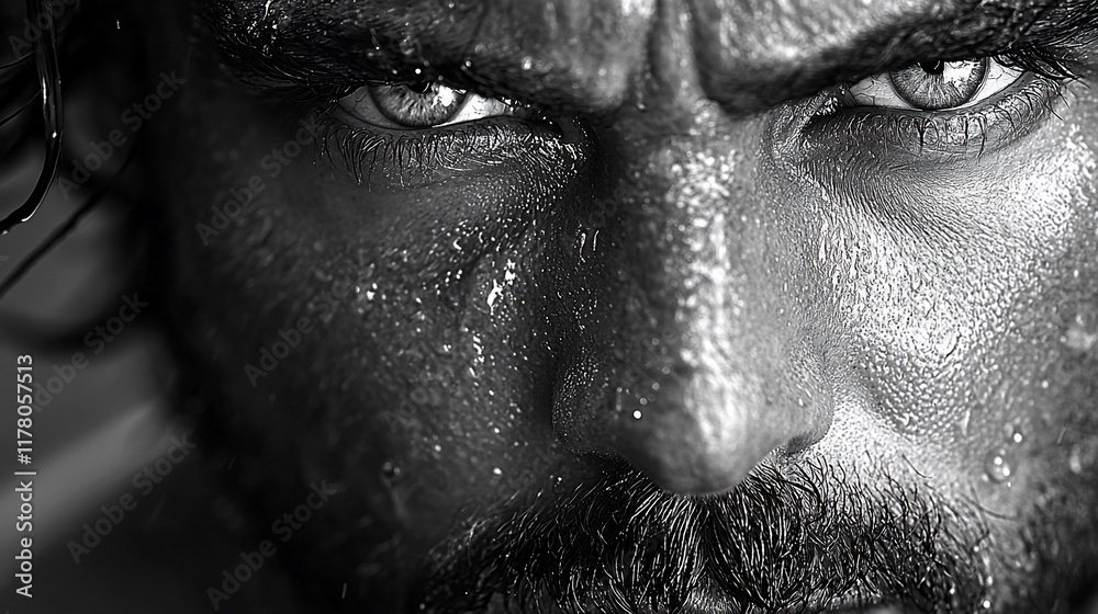 Close-up black and white portrait of a man's intense, sweaty face. Close-up black and white portrait of a man's intense, sweaty face.