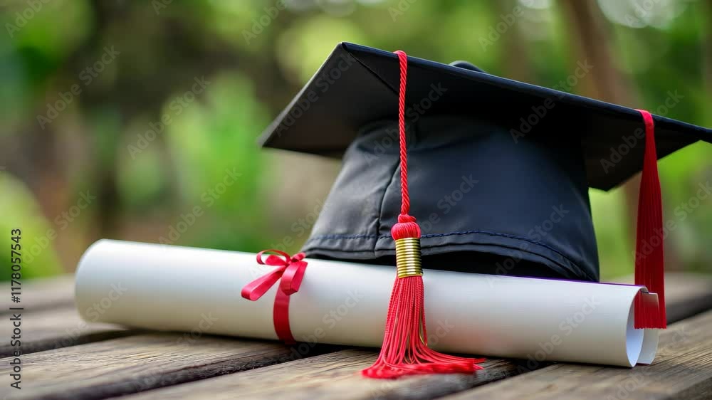 Graduation hat and diploma placed on wooden table in a serene outdoor setting, Graduation Hat And Diploma, college graduation