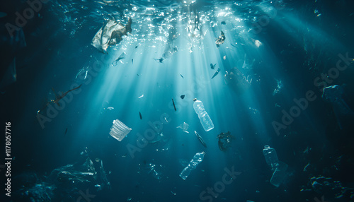 Wallpaper Mural Plastic Pollution In Ocean - Underwater Shine With garbage Floating On Sea - Environmental Problem Torontodigital.ca
