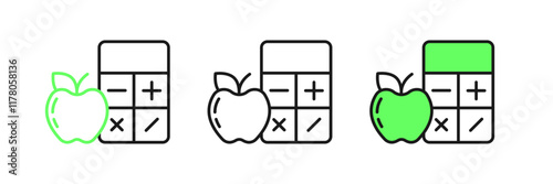 Set line Calorie calculator icon isolated on isolated on white background. Calorie count. Diet. Weight loss. Portion control. Healthy eating. Dietary nutrition. Vector