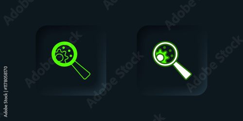 Green GMO icon isolated on black background. Genetically modified organism acronym. Dna food modification. Black square button. Vector
