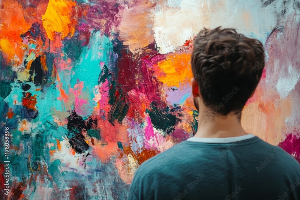 Obraz premium Man appreciates abstract artwork, engaging deeply with the artistic expression and creativity
