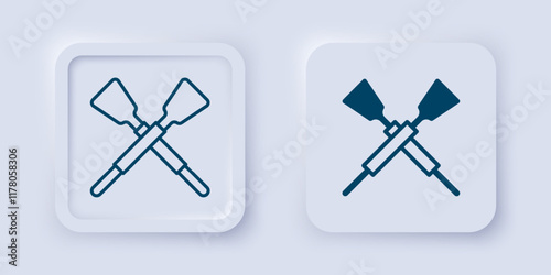 Filled and outline Crossed oars or paddles boat icon isolated on grey background. Square button. Vector