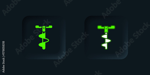 Green Hand ice drill for winter fishing icon isolated on black background. Black square button. Vector