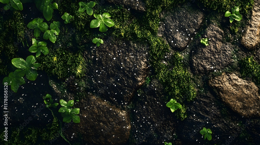 Moss covered stone slab texture with drops of morning Moss covered stone slab texture with drops of morning