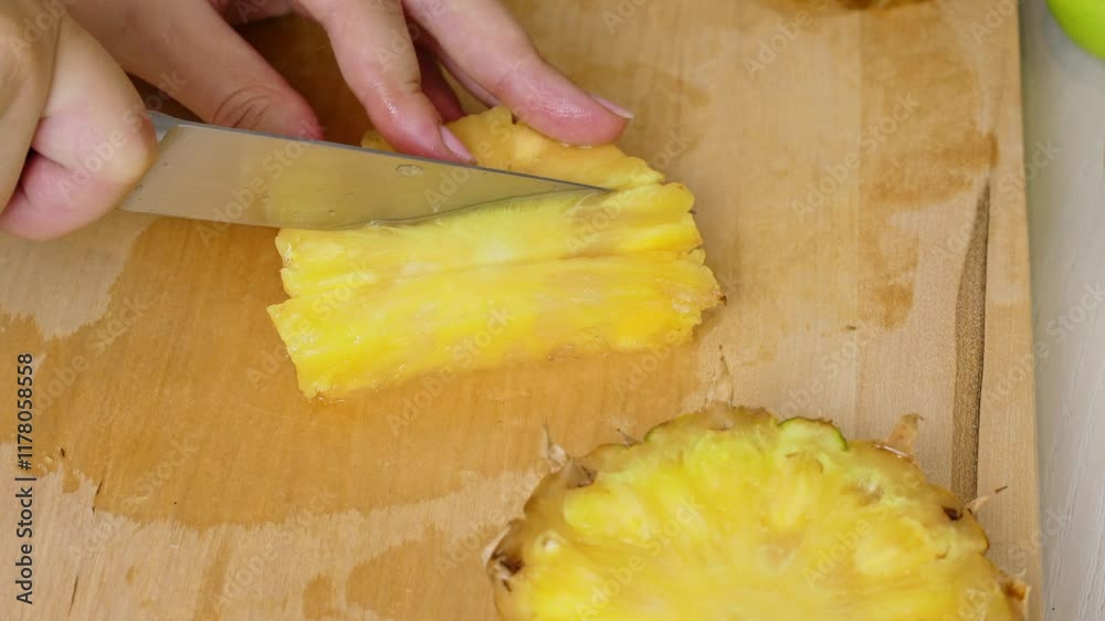 Female hands cutting and slicing yellow pineapple with knife on wooden board