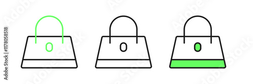 Set line Handbag icon isolated on white background. Female handbag sign. Glamour casual baggage symbol. Vector