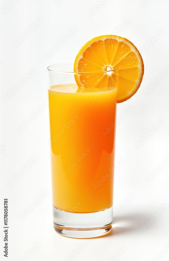 Fresh orange juice in tall glass. Slice of orange rests atop drink. Bright and healthy beverage. Perfect refreshment for summer. Tasty and nutritious drink perfect for breakfast or any time of day. Fresh orange juice in tall glass. Slice of orange rests atop drink. Bright and healthy beverage. Perfect refreshment for summer. Tasty and nutritious drink perfect for breakfast or any time of day.