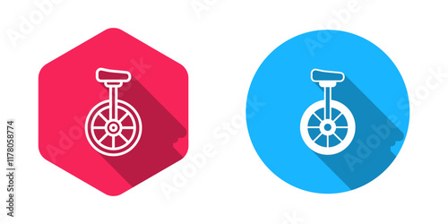 Filled and outline Unicycle or one wheel bicycle icon isolated with long shadow background. Monowheel bicycle. Vector