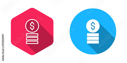 Filled and outline Casino chip with dollar symbol icon isolated with long shadow background. Casino gambling. Vector