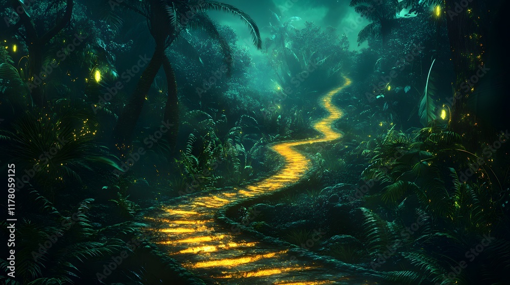 Obraz premium Mysterious glowing paths winding through a dense exotic