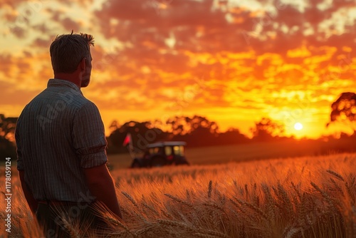 Bauern bei Sonnenuntergang im Weizenfeld – Landwirtschaft und Natur in Harmonie photo