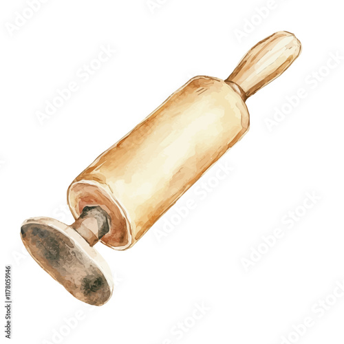 A watercolor painting of a rolling pin, isolated on a white background. Kitchenware vector.
