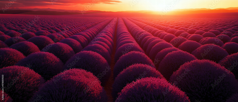 Obraz premium Blooming lavender field under the warm sun at sunset in vivid detail