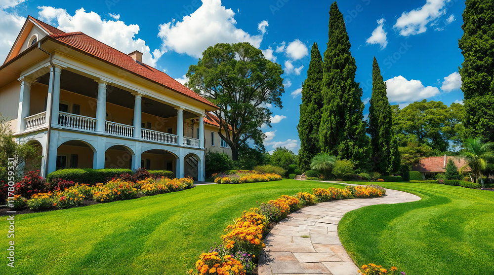 Naklejka premium A dynamic depiction of a large luxurious house, its red tile roof and white columns accentuated by glowing bioluminescent colors and natural light effects.