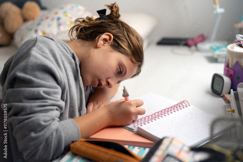 Student doing homework in his room Student doing homework in his room