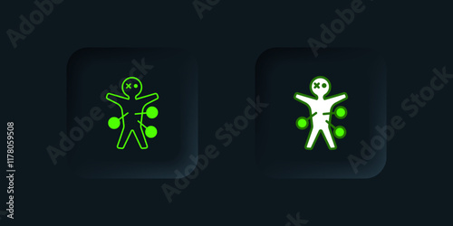 Green Voodoo doll icon isolated on black background. Happy Halloween party. Black square button. Vector