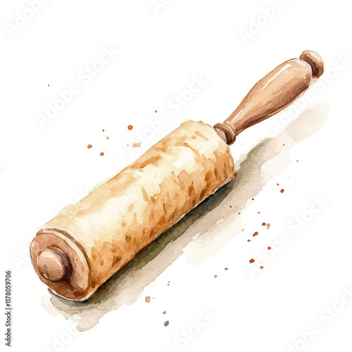 A watercolor painting of a rolling pin, isolated on a white background. Kitchenware vector.
