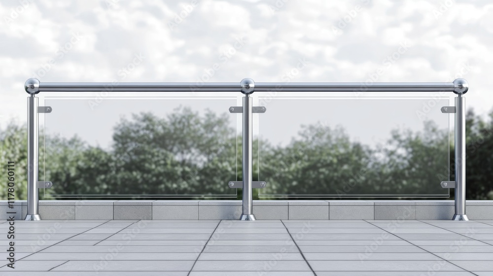 Glass balustrade with iron banister front and angle view. Vector realistic mockup of different sections of clear acrylic fence with metal railing isolated on transparent background Glass balustrade with iron banister front and angle view. Vector realistic mockup of different sections of clear acrylic fence with metal railing isolated on transparent background