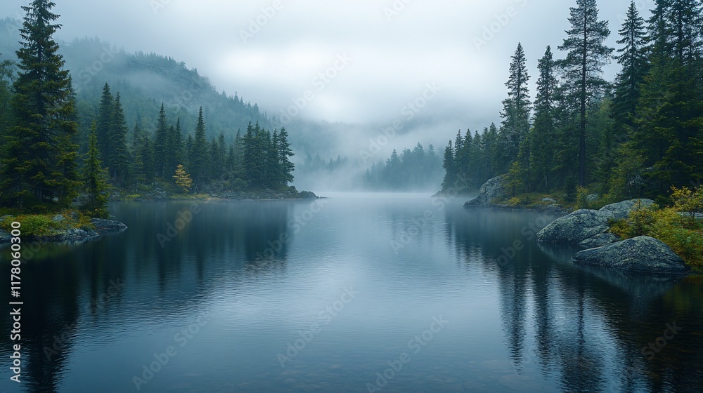 Fototapeta premium Serene Mountain Lake Enveloped In Misty Fog