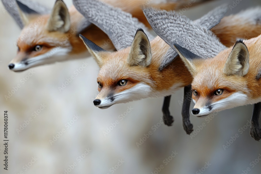 Fototapeta premium A group of foxes soar through the air, their bodies suspended in mid-air