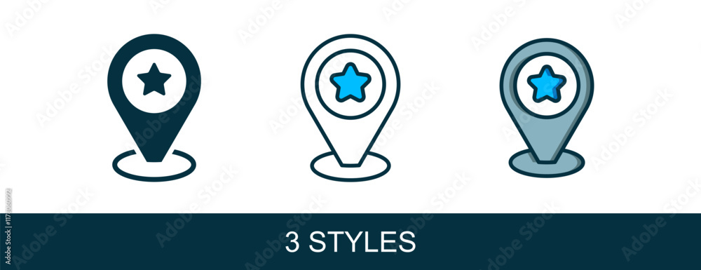 Filled outline Map pointer with star icon isolated on white background. Star favorite pin map icon. Map markers. Vector