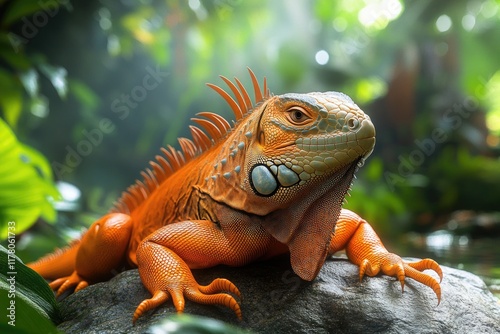 A vibrant orange lizard perched on top of a rock, perfect for use in wildlife or nature-themed projects photo