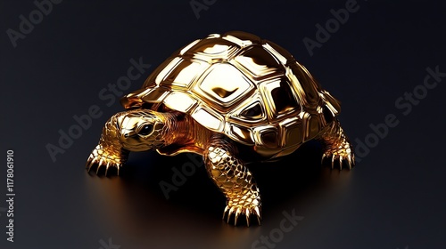 Golden tortoise figurine, gleaming against a dark background. Luxury and elegance captured in this detailed sculpture.