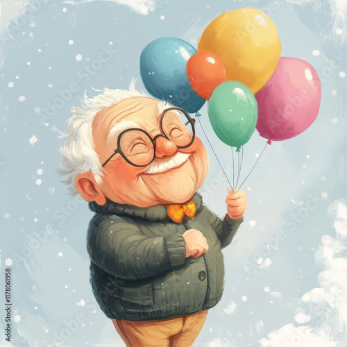 Gray-haired grandfather launches balloons into the sky Birthday photo