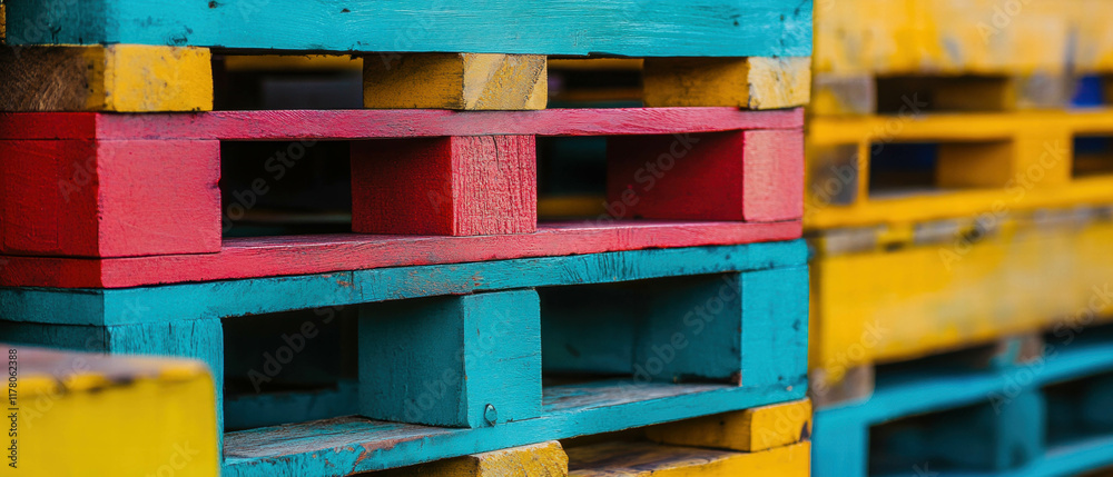 Vibrant close-up view of colorful shipping pallets stacked in a warehouse environment Vibrant close-up view of colorful shipping pallets stacked in a warehouse environment