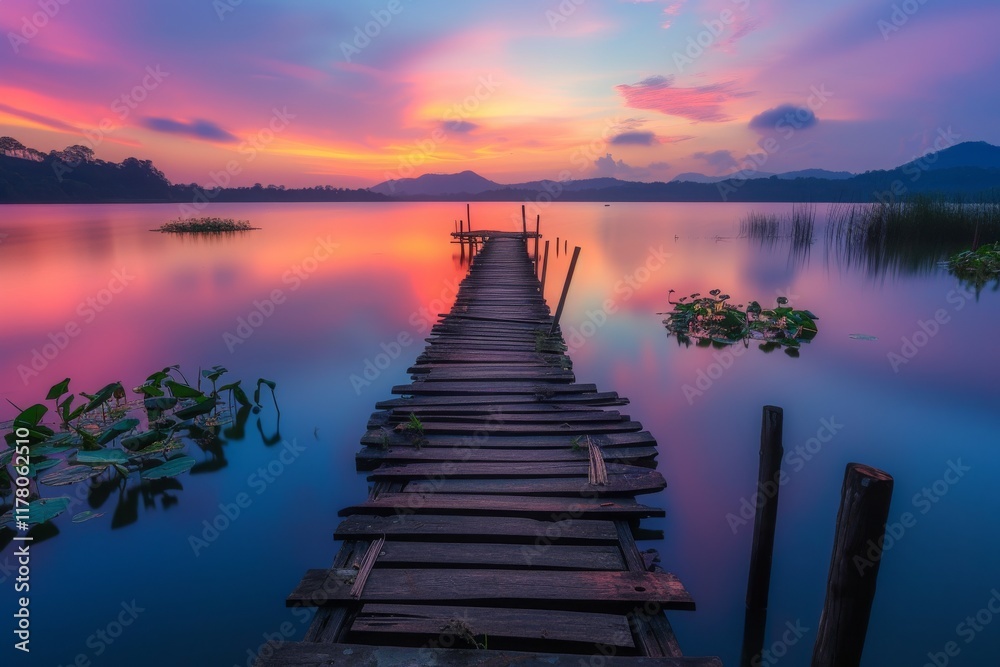 Fototapeta premium A breathtaking sunset over a tranquil lake in Thailand reflects vibrant colors on calm waters, with a wooden dock extending into the serene landscape
