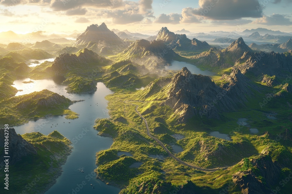 Breathtaking aerial view of dramatic mountain range surrounded by water at golden hour Breathtaking aerial view of dramatic mountain range surrounded by water at golden hour