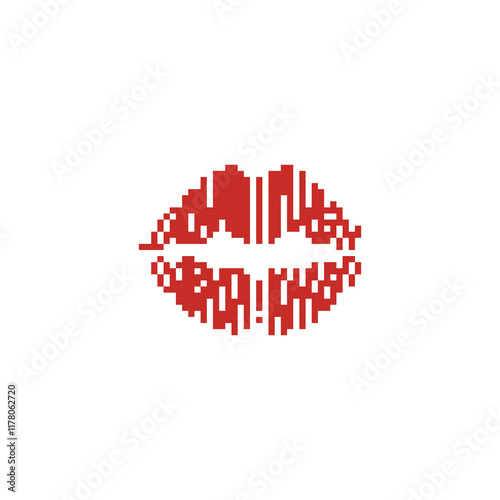 Red pixelated lips in retro digital style. Minimalistic red lips icon in pixel art design photo