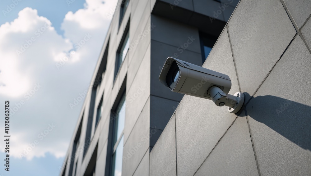 High-angled shot Modern bulleted security camera atop gray stone corner High-angled shot Modern bulleted security camera atop gray stone corner