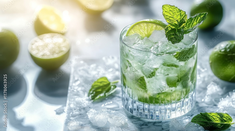 A minimalist Nojito mocktail on a marble surface, with crushed ice filling the glass and a garnish of mint leaves and lime wedges. A minimalist Nojito mocktail on a marble surface, with crushed ice filling the glass and a garnish of mint leaves and lime wedges.