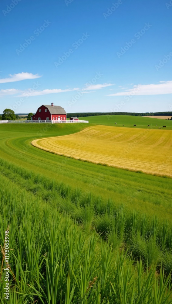 Obraz premium Panorama farmhouse-bordered grasslands in picturesque countryside setting