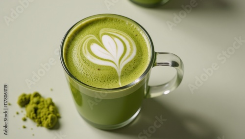 A panoramic view of a green vegan matcha latte infused with tea powder photo