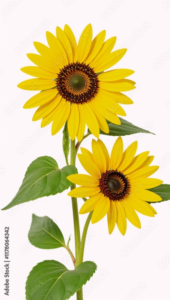 Fototapeta premium Isolated sunflower botanical summery yellow blooms and vibrant green foliage on a hand-drawn background