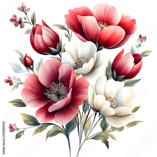 Nature, flowers, clipart watercolor painting of flower, symmetrical pattern, botanical print on white background, vintage style.QW-0734
