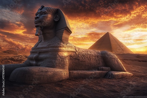 Stunning sunset view of the great sphinx of giza with the pyramid of khafre in the background